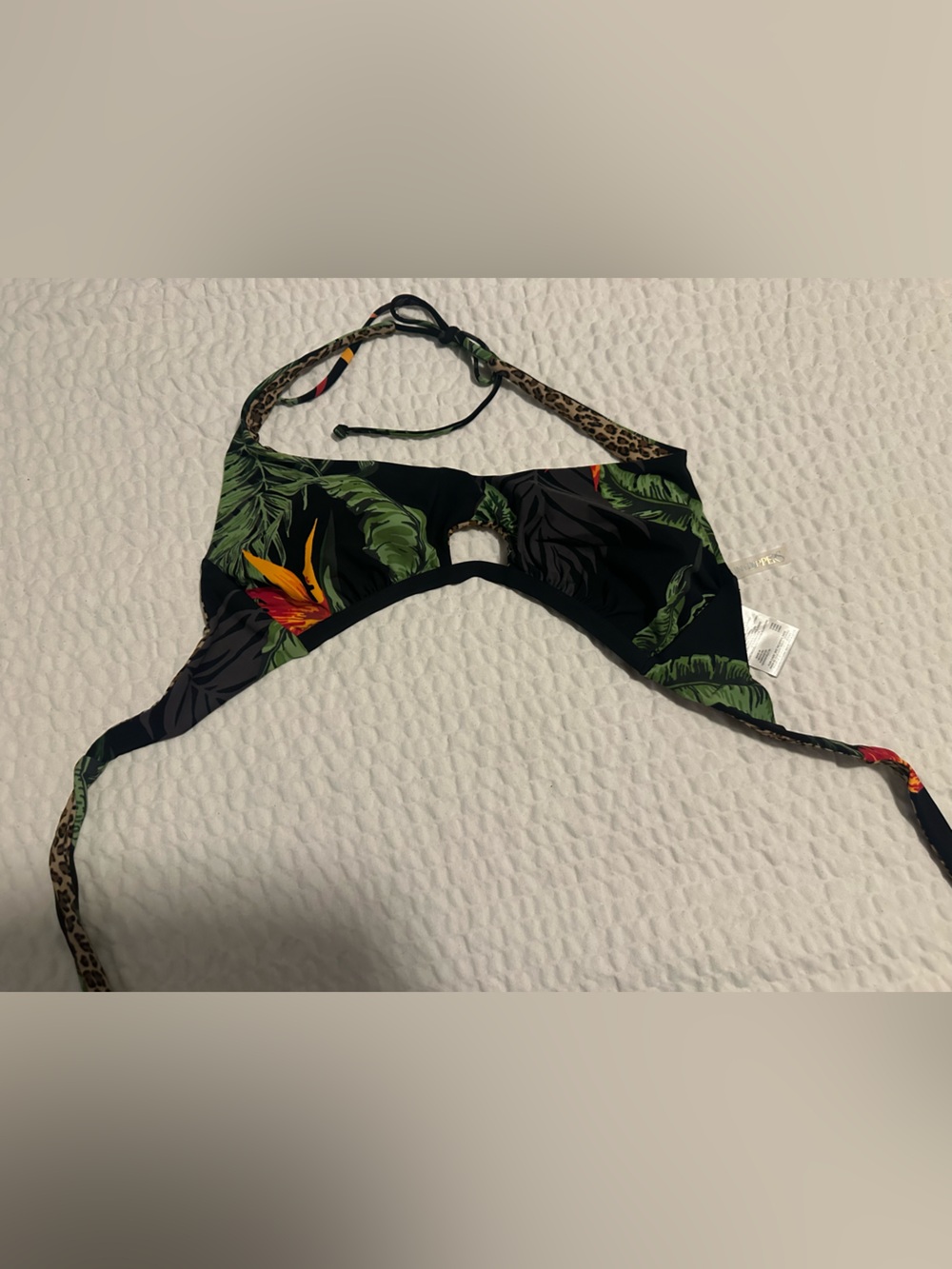 Tropical Leaf Print Black Halter Bikini Top
